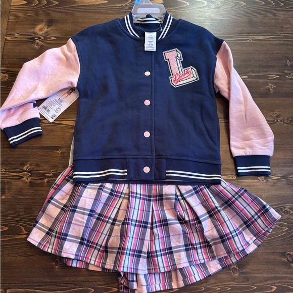 Navy and Pink Varsity Jacket with Plaid Skirt Matching 3 Piece Set - Picture 1 of 7